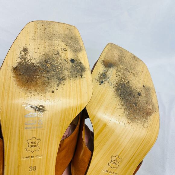 Michel Perry Square Toe Tan Block Heel Leather Sandals Size 38/7.5 - Picture 9 of 10